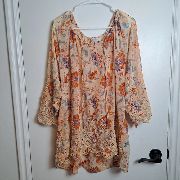 db Cream Orange Floral 3/4 Sleeve Crochet Scalloped Hem Sheer Fairy Top Sz 2X - Picture 1 of 6